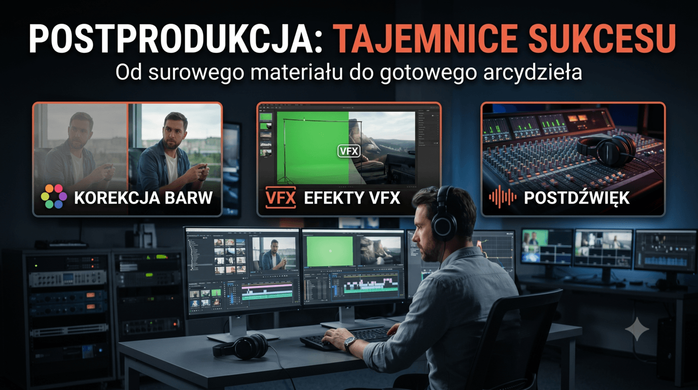 praca studia postprodukcyjnego nad materialem filmowym