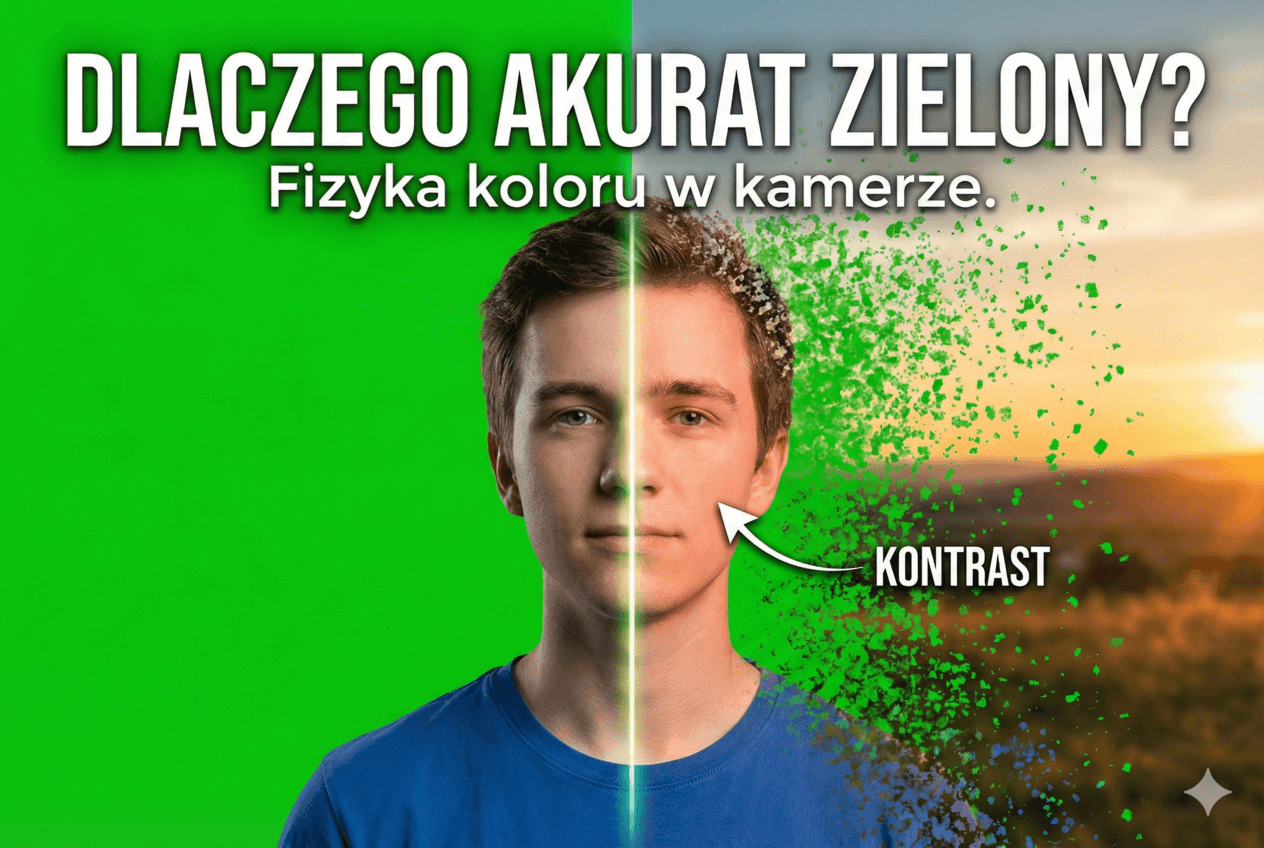 kamera filmująca osobę na tle profesjonalnego zielonego ekranu typu cyklorama