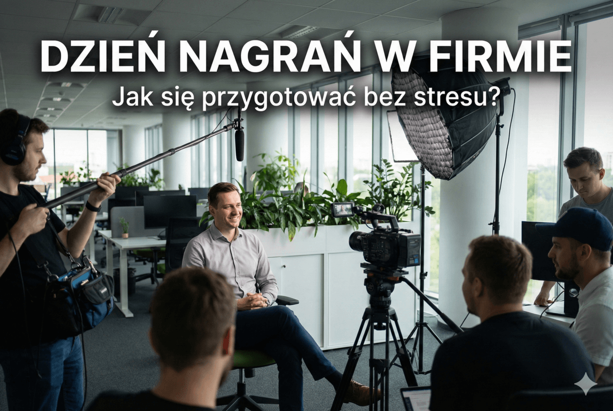 profesjonalna ekipa filmowa podczas nagrań w biurze firmy, filmująca uśmiechniętego pracownika udzielającego wywiadu