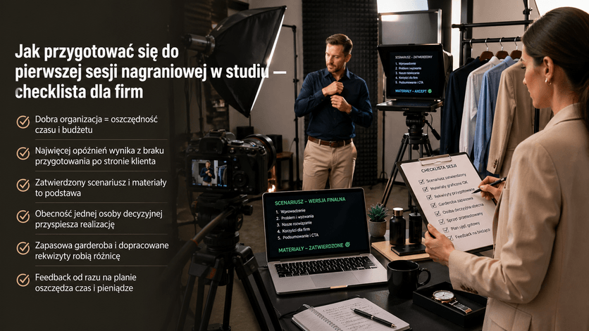 osoba trzymająca w dłoniach checklistę z notatkami na tle profesjonalnego sprzętu w studiu nagraniowym