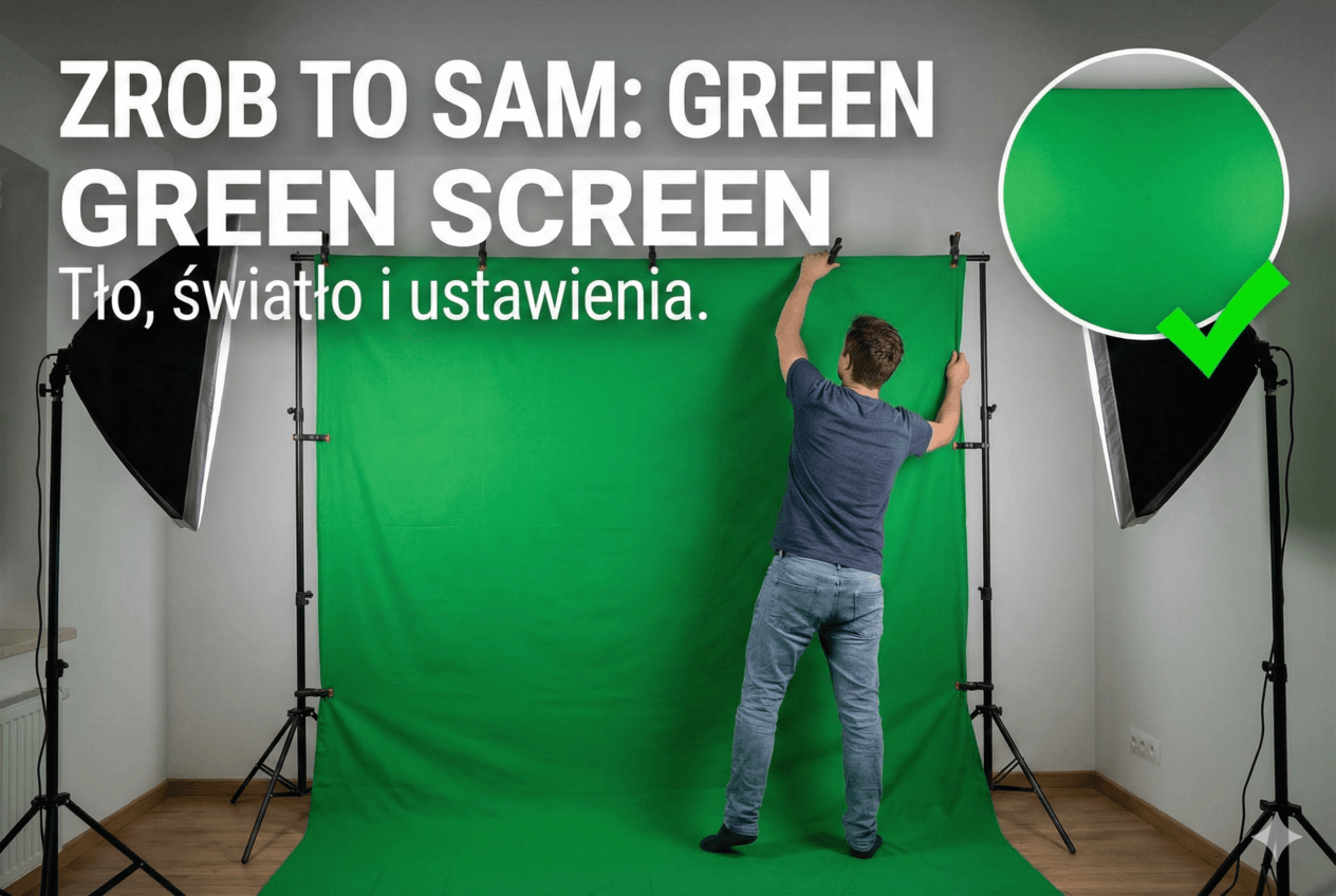 osoba napinająca zielone tło na statywach w domowym studiu z ustawionym oświetleniem softbox