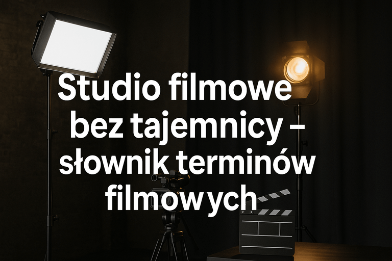 słownik terminów filmowych z ikonami kamery, klapsa i świateł