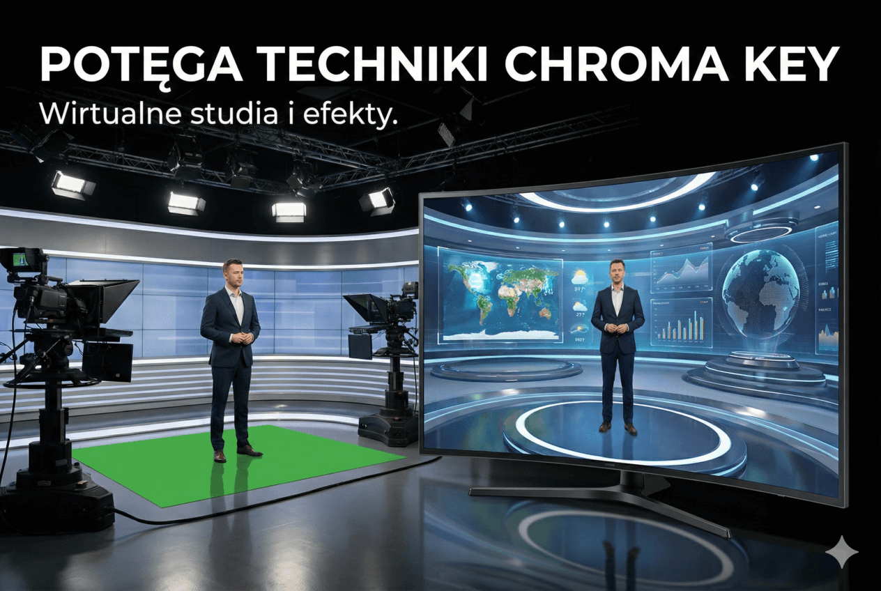 plan filmowy z użyciem zielonego tła chroma key i monitorami podglądowymi pokazującymi wirtualną scenografię